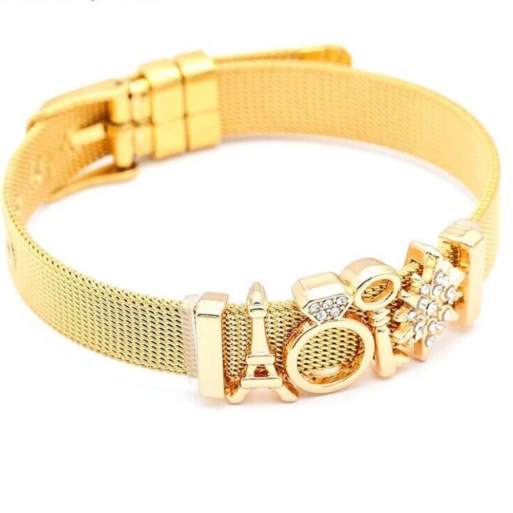 Stainless Steel Gold Tone Mesh Bracelet Bangles Heart Keeper Charms Bracelet